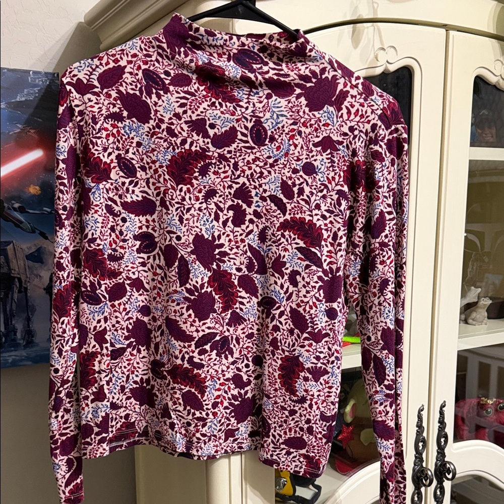 Ann Taylor Burgundy and White Floral Mock Turtleneck Long Sleeve Top